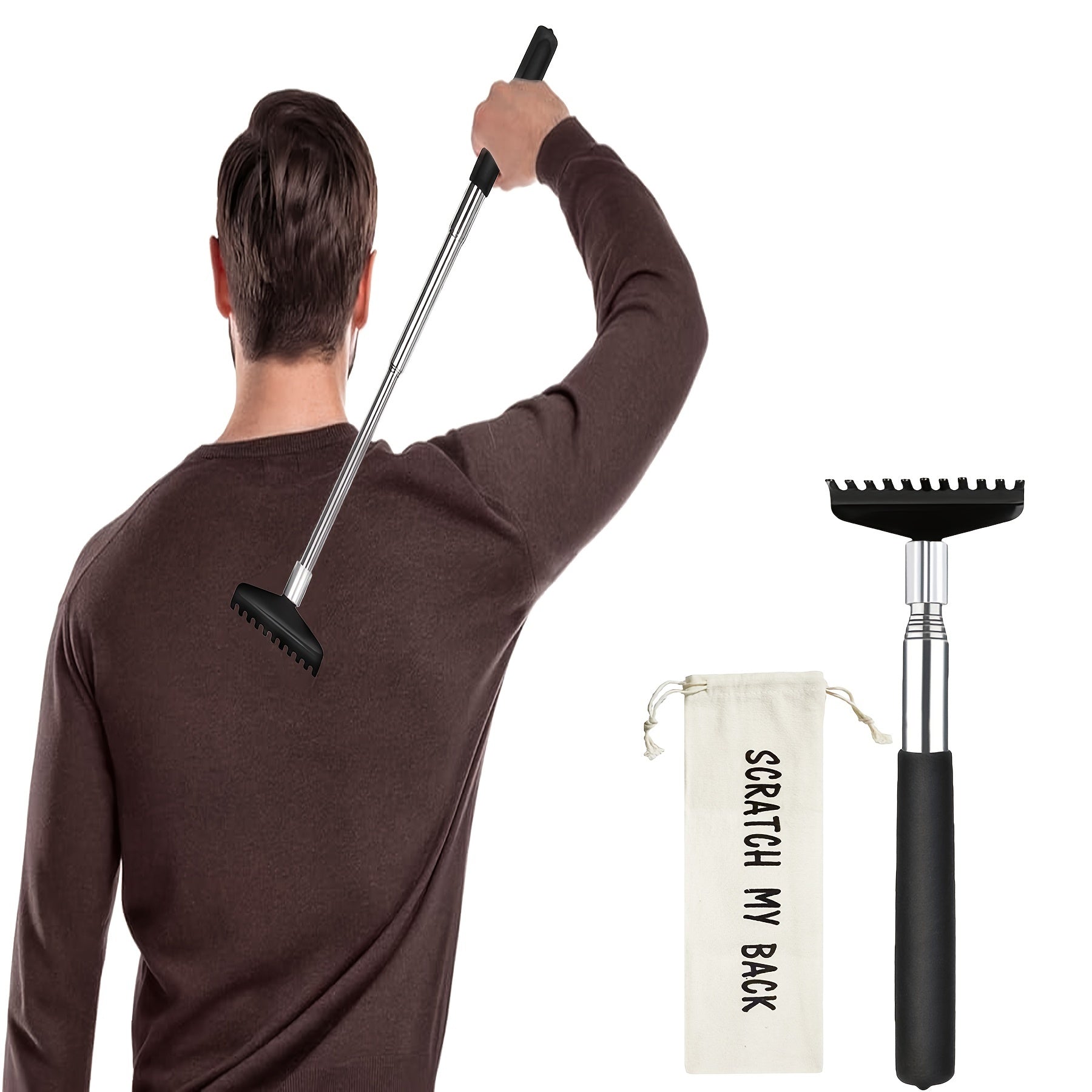 1pc Oversized Portable Telescoping Back Scratcher for Men & Women - Durable Stainless Steel, Extendable Reach with "Scratch My Back" Canvas Carrying Bag - Ideal Stocking Stuffer