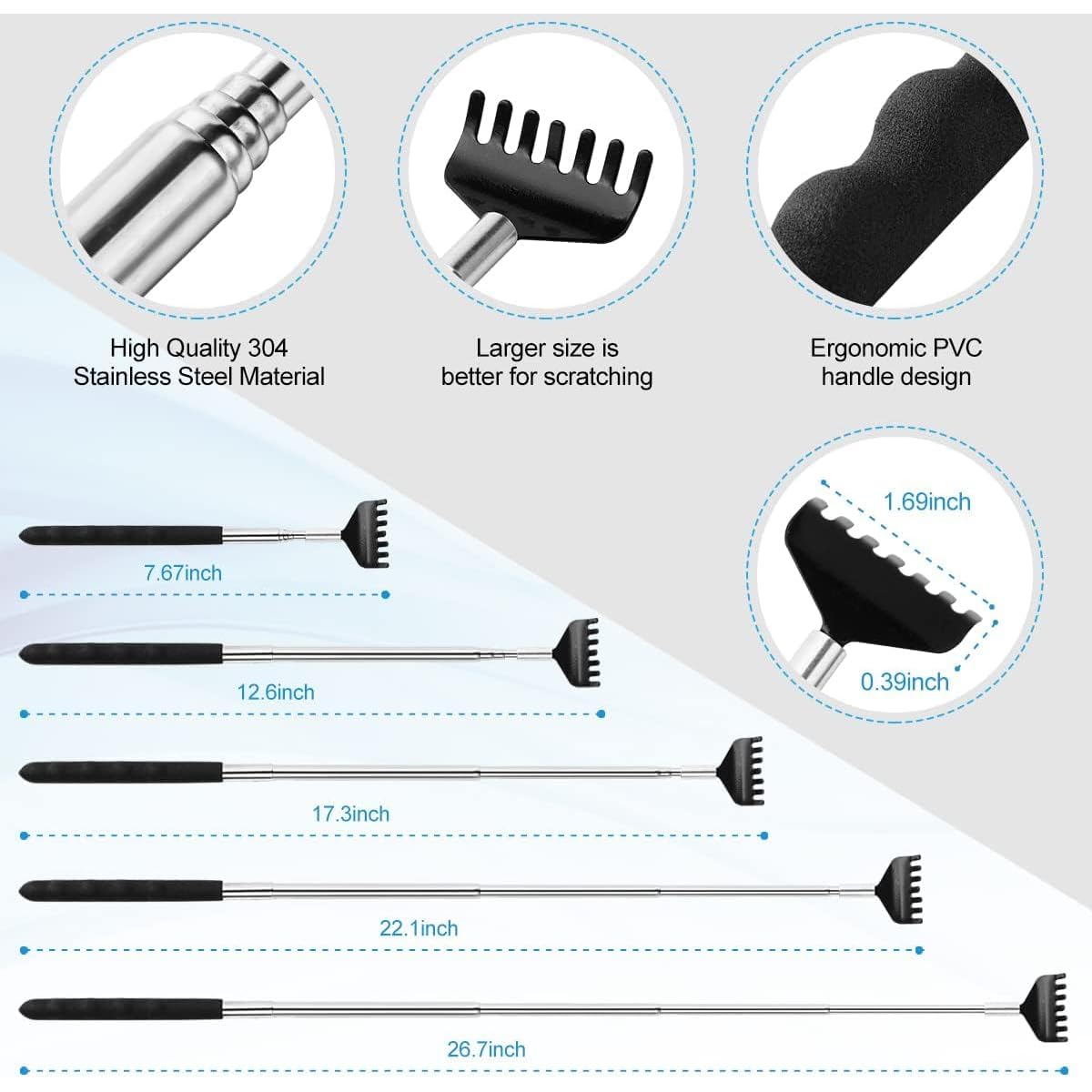4pcs Extendable Back Scratcher & Massager Tool with Telescoping Metal shaft - Heavy-Duty Back Scratcher with Non-Slip Grip, Portable Back Massager for Adults, s, Men, Women - Ideal Stocking Stuffers, Birthday, Christmas Gifts (Black) - Space-Saving Design