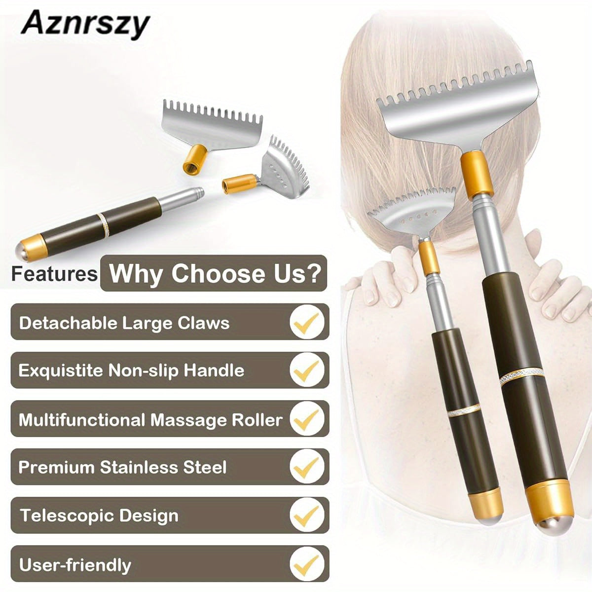 Back Scratcher with 2pcs Replaceable Heads, Head Body Hand Scratcher Massager with Stainless Steel Wide Claws/ Anti- Slip Handle/ Massage Roller, Back Scratcher for Women, Back Massager for Back