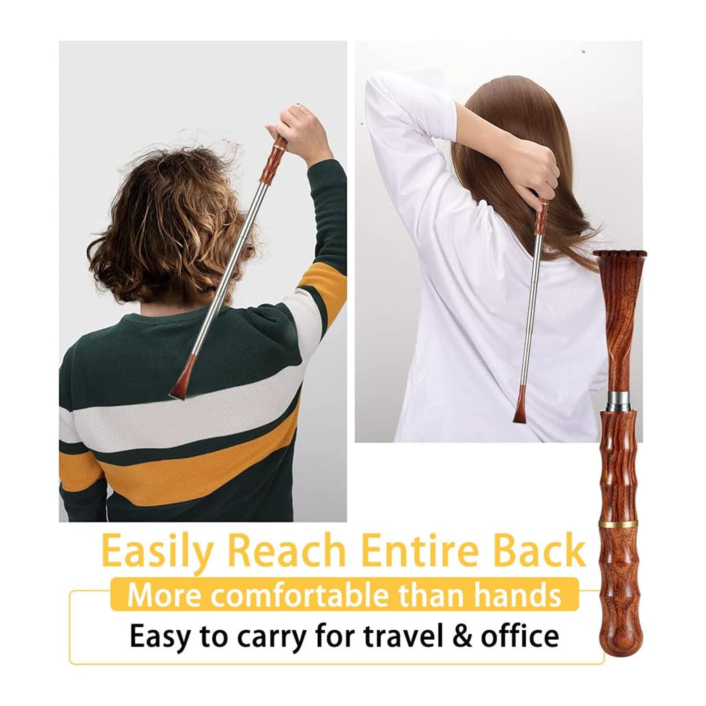 Portable Extendable Back Scratcher - Telescoping Bamboo & Wooden Handle, Stainless Steel Back Massager Tool for Men & Women, Ergonomic Design for Elderly, Pregnant Women, Fitness Enthusiasts, Back Massager for Back, Pregnancy, Natural Wood Finish, Durable