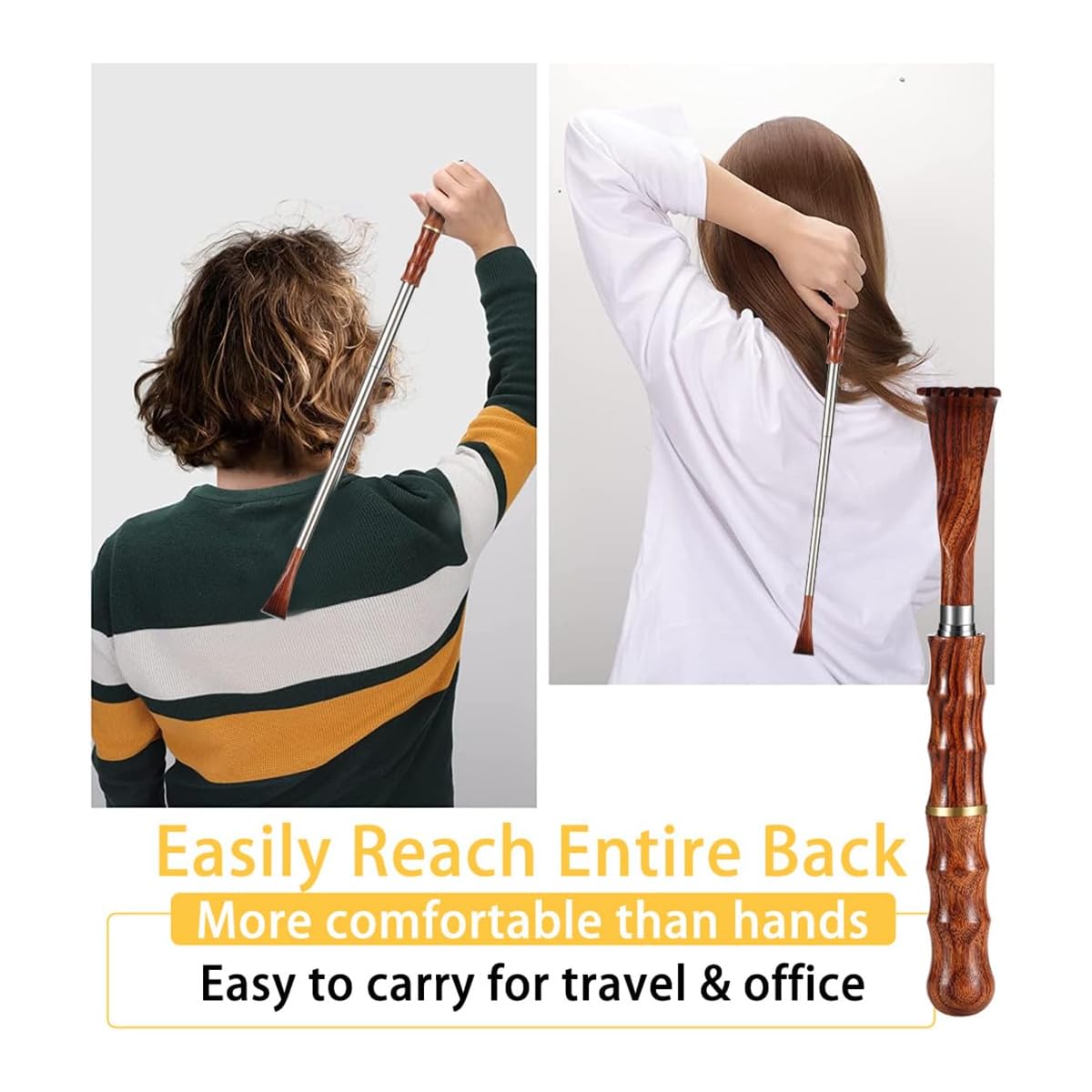 Portable Extendable Back Scratcher - Telescoping Bamboo & Wooden Handle, Stainless Steel Back Massager Tool for Men & Women, Ergonomic Design for Elderly, Pregnant Women, Fitness Enthusiasts, Back Massager for Back, Pregnancy, Natural Wood Finish, Durable