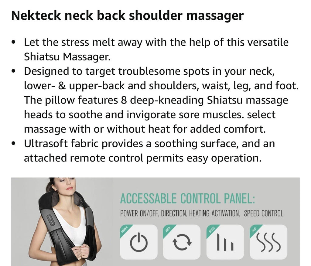 Nekteck Shiatsu Neck/Back Massager with Heat, Electric, Deep Tissue, 8 Nodes New