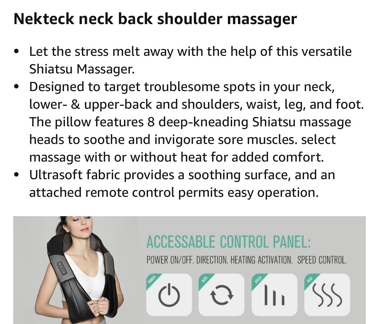 Nekteck Shiatsu Neck/Back Massager with Heat, Electric, Deep Tissue, 8 Nodes New