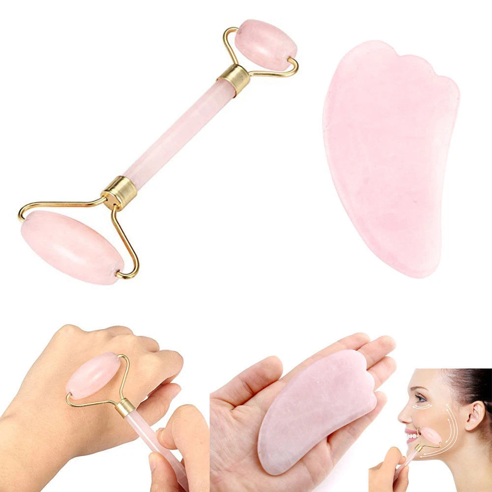 Rose Quartz Crystal GuaSha Facial Roller+Body Gua Sha Board Massager Tool Set