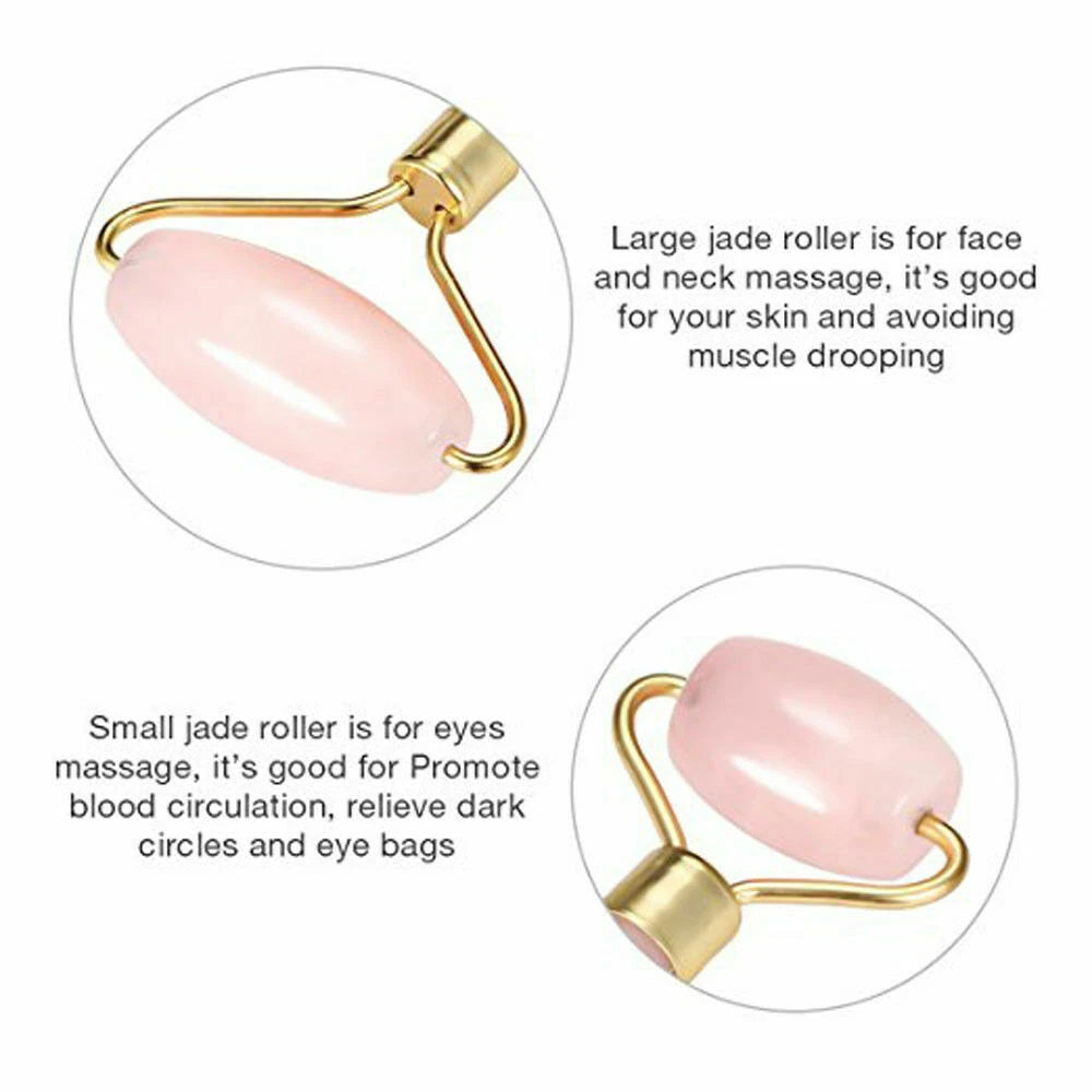 Rose Quartz Crystal GuaSha Facial Roller+Body Gua Sha Board Massager Tool Set