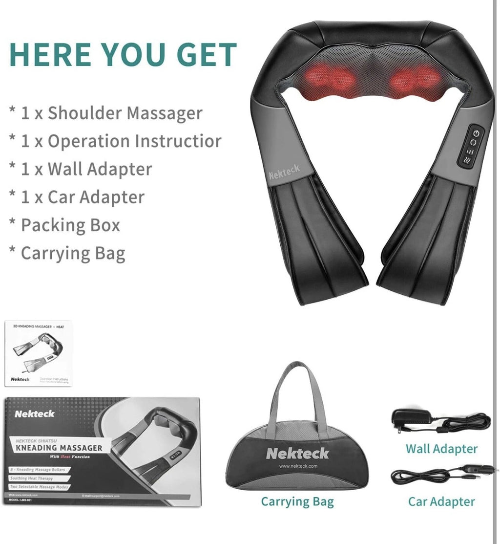 Nekteck Shiatsu Neck/Back Massager with Heat, Electric, Deep Tissue, 8 Nodes New