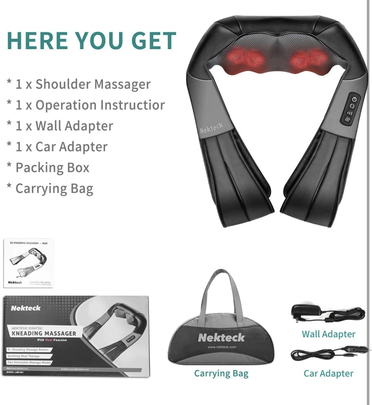 Nekteck Shiatsu Neck/Back Massager with Heat, Electric, Deep Tissue, 8 Nodes New