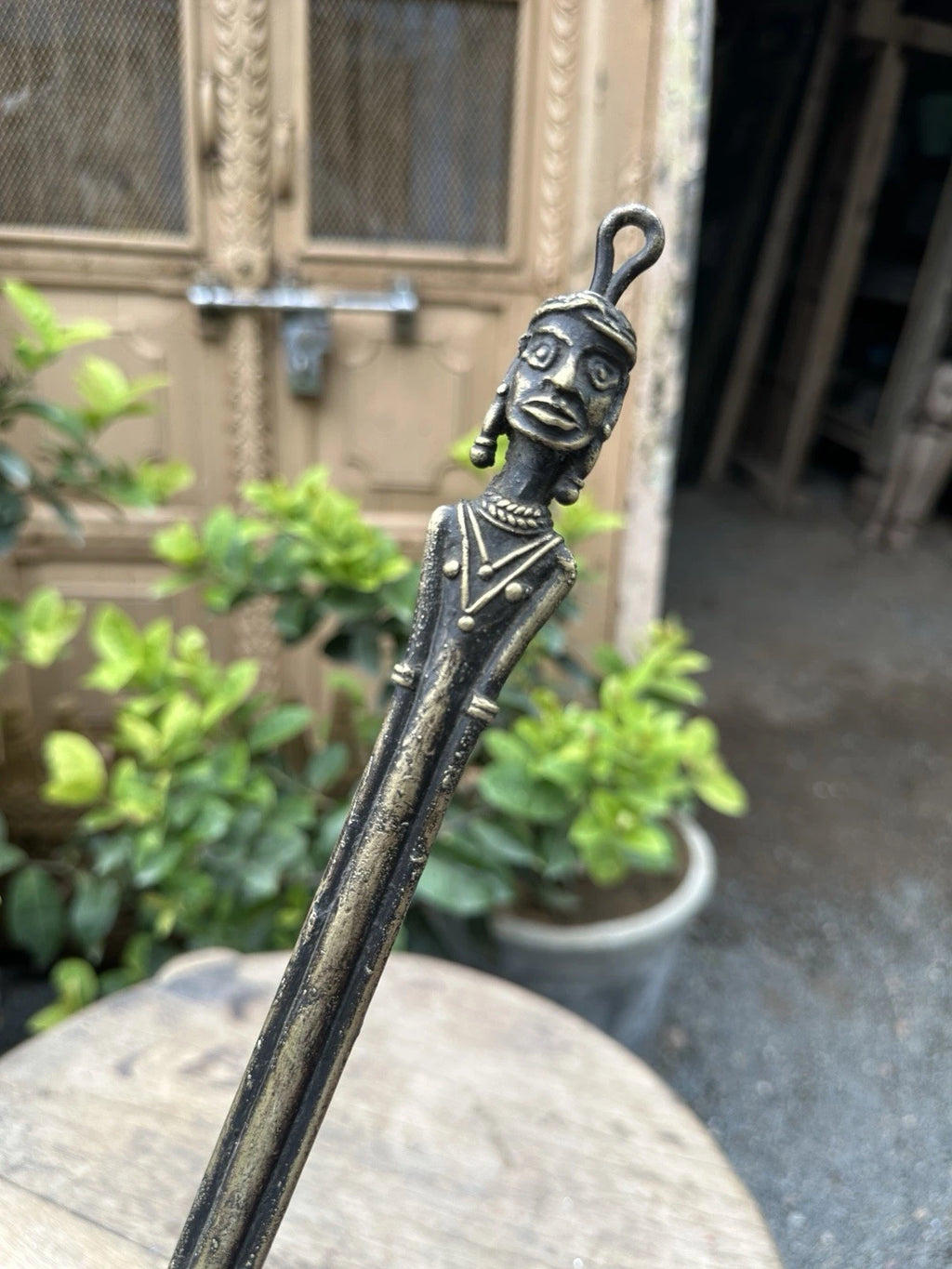 Antique Man Figure Tribal Brass Back Scratcher – Handcrafted Ethnic Rare Old