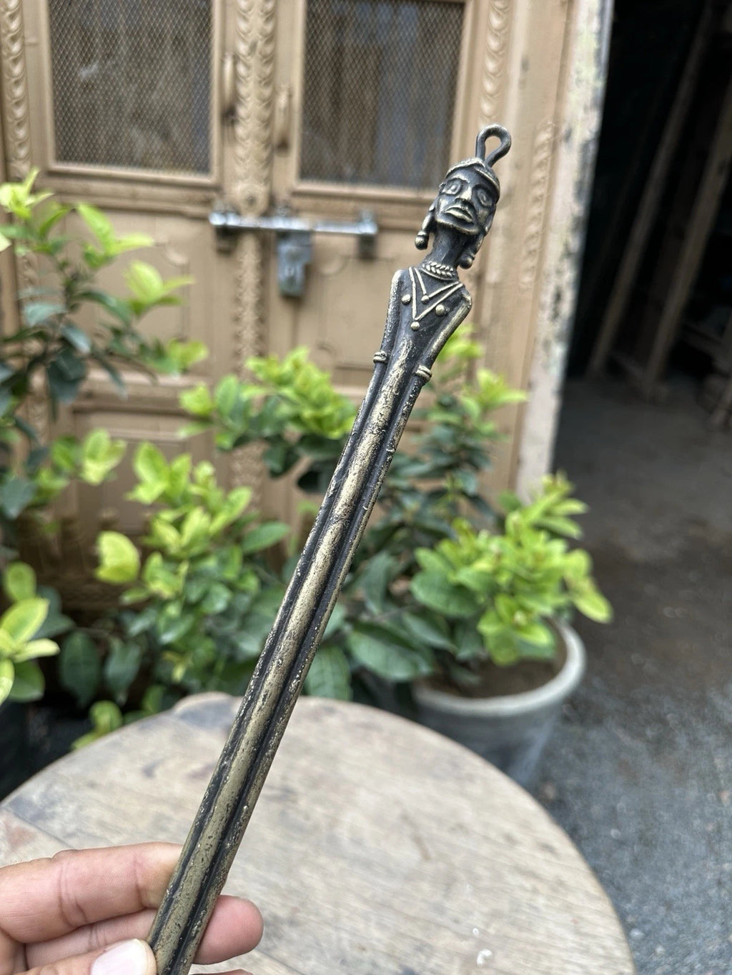 Antique Man Figure Tribal Brass Back Scratcher – Handcrafted Ethnic Rare Old