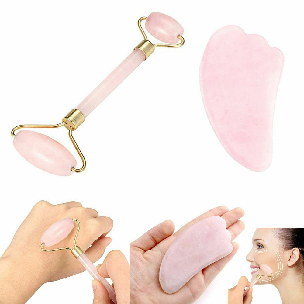 Rose Quartz Crystal GuaSha Facial Roller+Body Gua Sha Board Massager Tool Set