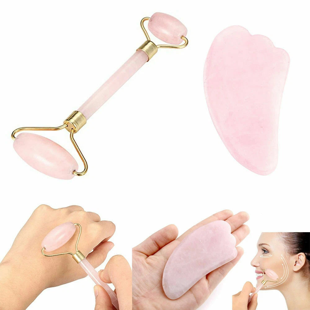 Rose Quartz Crystal GuaSha Facial Roller+Body Gua Sha Board Massager Tool Set