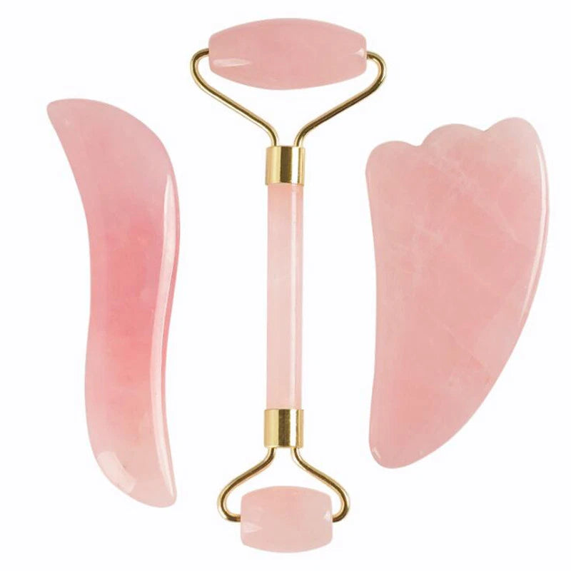 Rose Quartz Crystal GuaSha Facial Roller+Body Gua Sha Board Massager Tool Set
