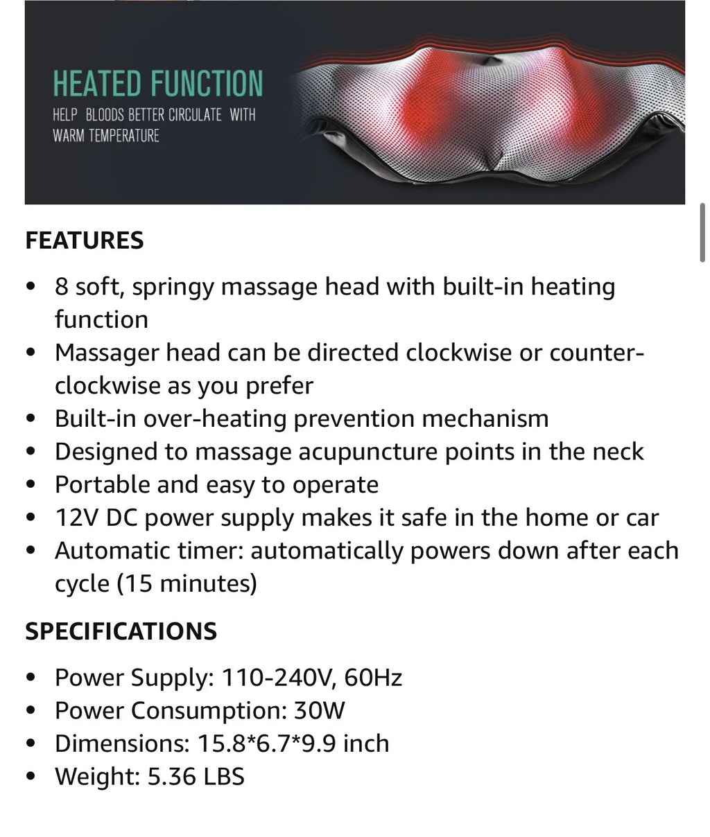 Nekteck Shiatsu Neck/Back Massager with Heat, Electric, Deep Tissue, 8 Nodes New