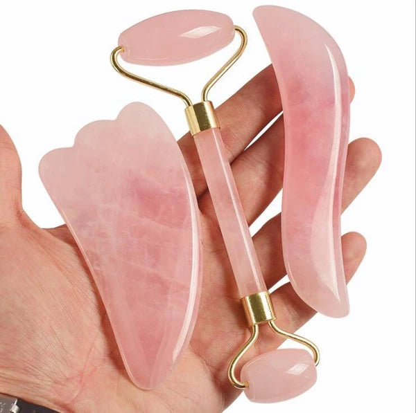 Rose Quartz Crystal GuaSha Facial Roller+Body Gua Sha Board Massager Tool Set