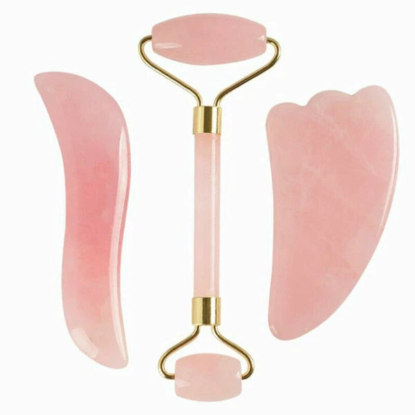 Rose Quartz Crystal GuaSha Facial Roller+Body Gua Sha Board Massager Tool Set