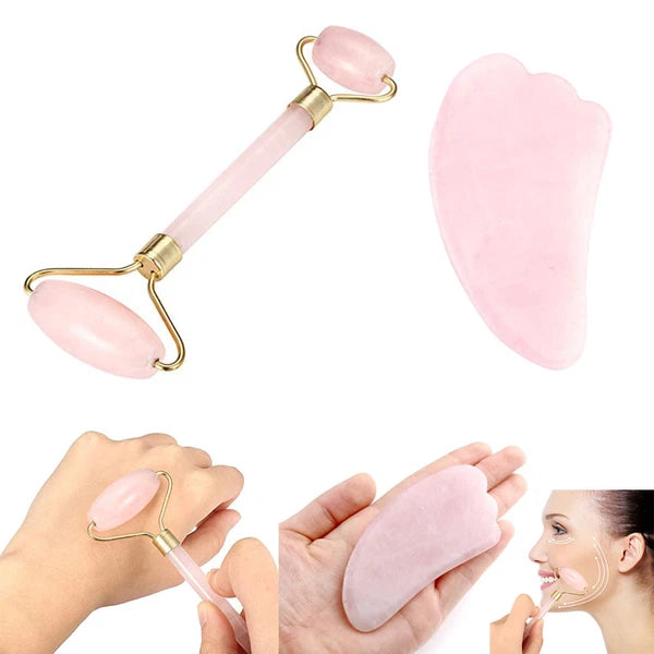 Rose Quartz Crystal GuaSha Facial Roller+Body Gua Sha Board Massager Tool Set