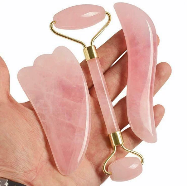 Rose Quartz Crystal GuaSha Facial Roller+Body Gua Sha Board Massager Tool Set