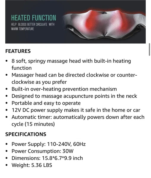 Nekteck Shiatsu Neck/Back Massager with Heat, Electric, Deep Tissue, 8 Nodes New