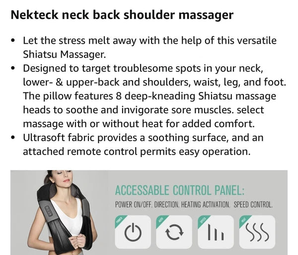 Nekteck Shiatsu Neck/Back Massager with Heat, Electric, Deep Tissue, 8 Nodes New