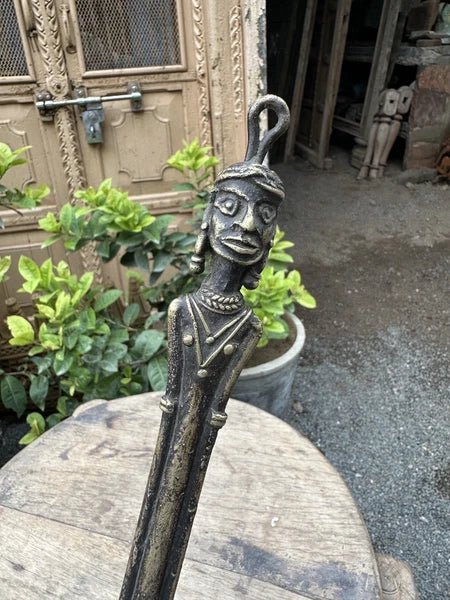 Antique Man Figure Tribal Brass Back Scratcher – Handcrafted Ethnic Rare Old