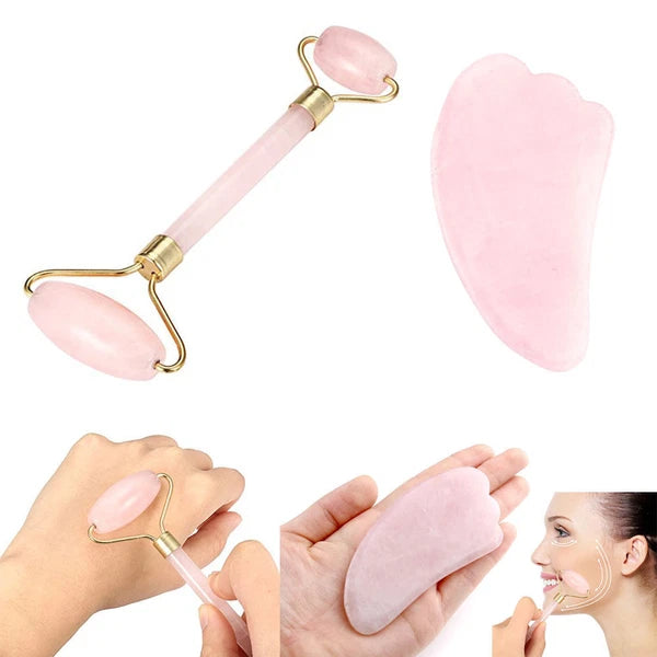 Rose Quartz Crystal GuaSha Facial Roller+Body Gua Sha Board Massager Tool Set